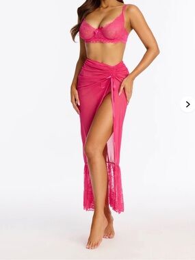 Women 3 piece mesh bra and panty skirt set